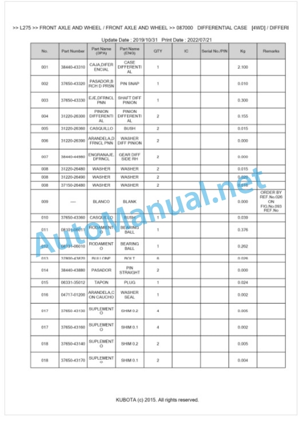 Kubota L275 Parts Manual PDF BKIDK0396 4 Kubota L275 Parts Manual PDF BKIDK0396-4