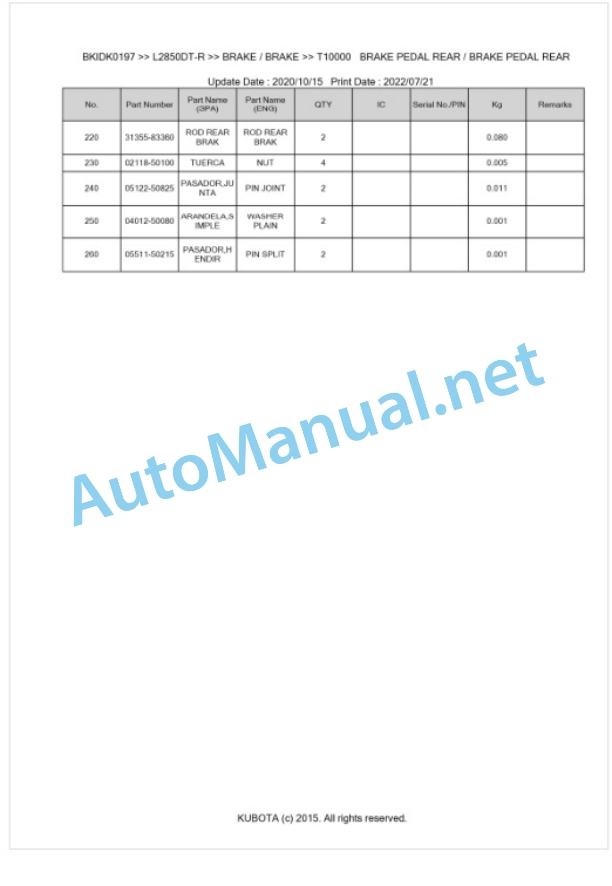 Kubota L2850DT-R Parts Manual PDF BKIDK0197 4 Kubota L2850DT-R Parts Manual PDF BKIDK0197-4