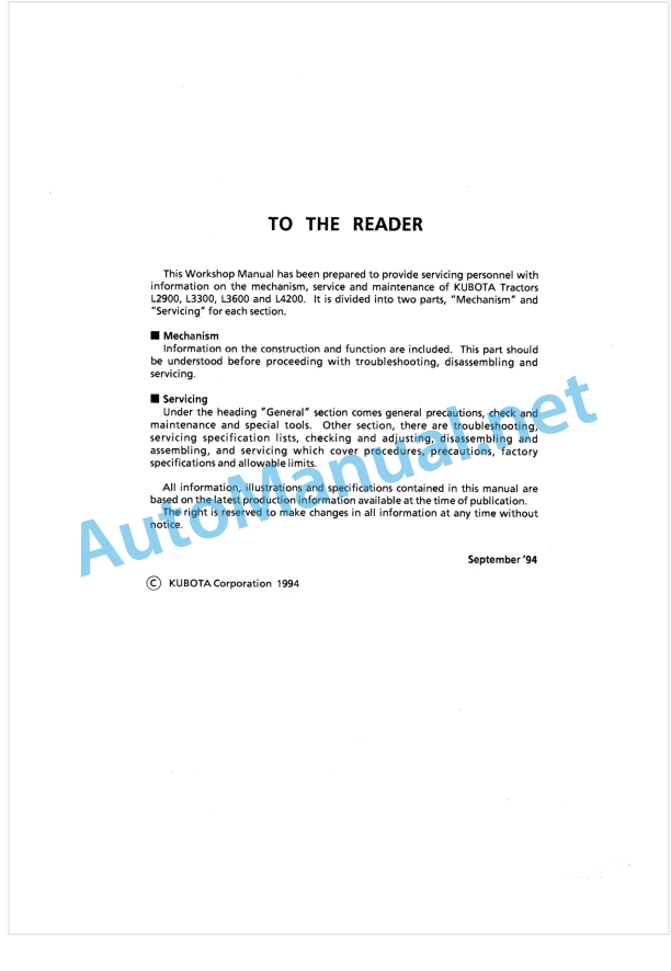 Kubota L2900, L33300, L3600, L4200 Workshop Manual PDF