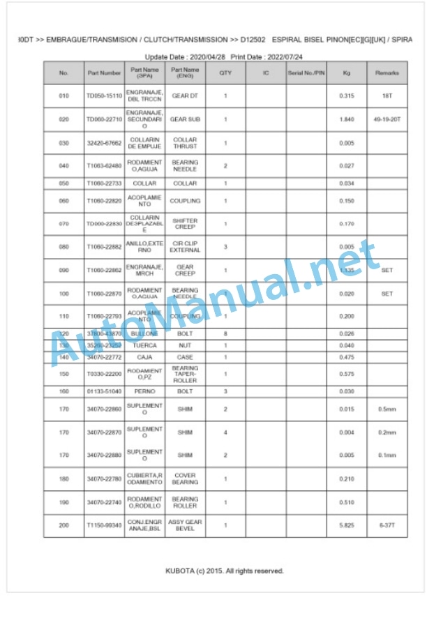 Kubota L3130DT, L3430DT, L3830DT Parts Manual PDF BKIDK0584-3