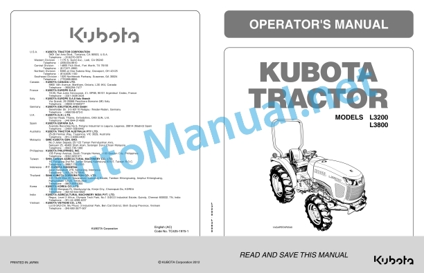 Kubota L3200, L3800 Tractor Operators Manual PDF