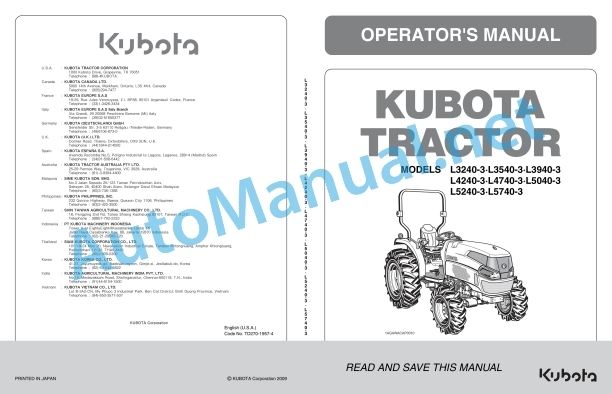 Kubota L3240-3, L3540-3, L3940-3, L4240 Operators Manual PDF