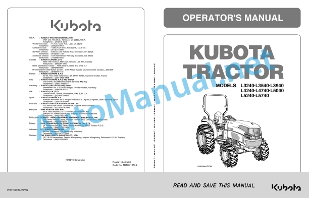 Kubota L3240, L3540, L3940, L4240, L4740, L5040, L5240, L5740 Tractor Operators Manual PDF