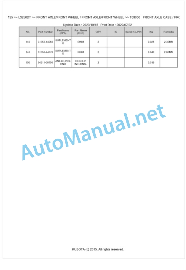 Kubota L3250DT Parts Manual PDF BKIDK0135 4 Kubota L3250DT Parts Manual PDF BKIDK0135-4