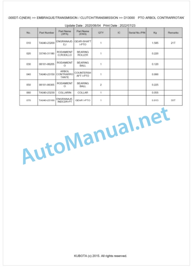 Kubota L3300DT-C Parts Manual PDF BKIDK0093 3 Kubota L3300DT-C Parts Manual PDF BKIDK0093-3