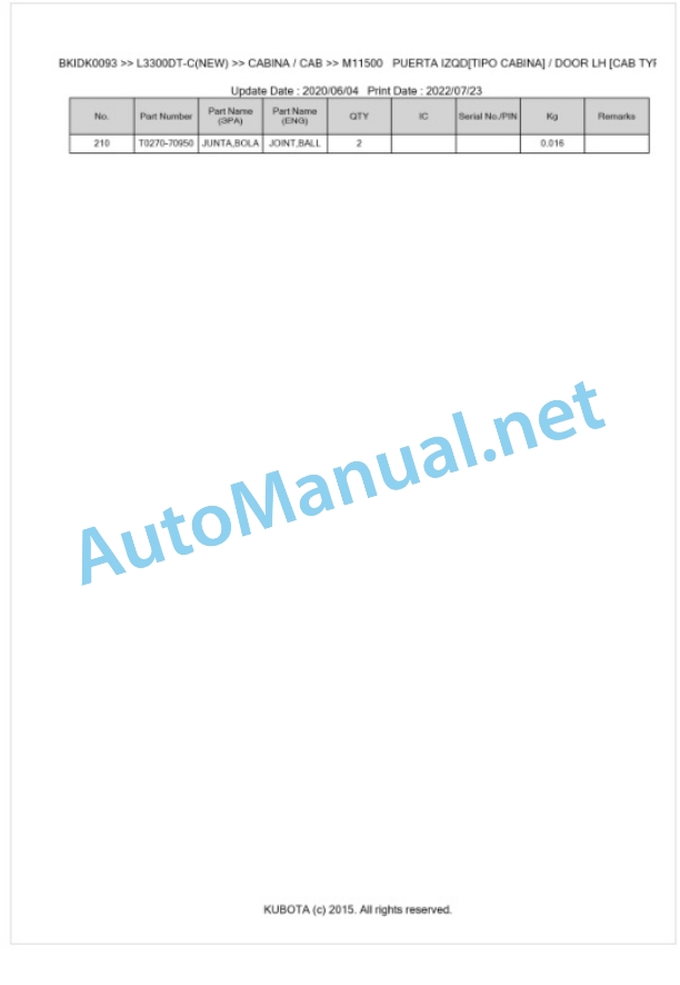 Kubota L3300DT-C Parts Manual PDF BKIDK0093 5 Kubota L3300DT-C Parts Manual PDF BKIDK0093-5