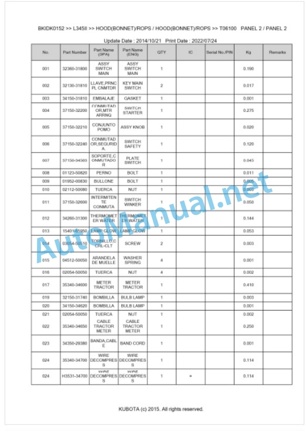 Kubota L345II Parts Manual PDF BKIDK0152 3 Kubota L345II Parts Manual PDF BKIDK0152-3