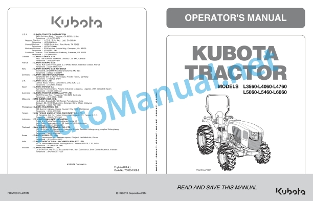 Kubota L3560, L4060, L4760, L5060, L5460, L6060 Tractor Operators Manual PDF
