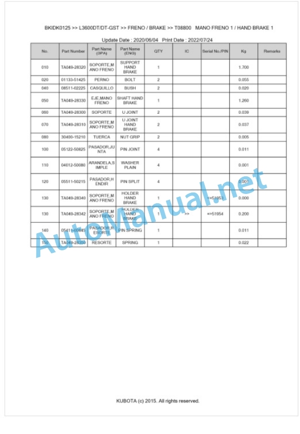 Kubota L3600, L4200 (Old Model) Parts Manual PDF BKIDK0125 4 Kubota L3600, L4200 (Old Model) Parts Manual PDF BKIDK0125-4