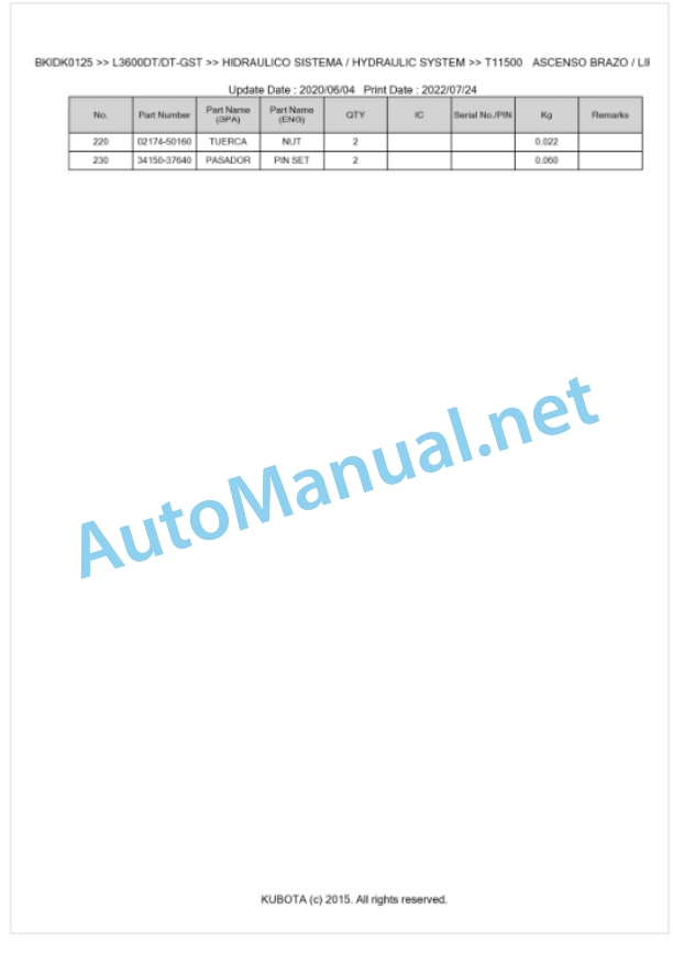 Kubota L3600, L4200 (Old Model) Parts Manual PDF BKIDK0125 5 Kubota L3600, L4200 (Old Model) Parts Manual PDF BKIDK0125-5