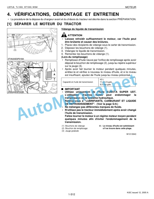 Alternative view of Kubota L39, TL1000, BT1000 Tractor, Loader, Backhoe Workshop Manual PDF FR