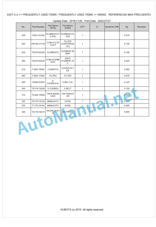 Kubota L4240DT-C-2, L5040DT-C-2, L5040GST-C-2 Parts Manual PDF BKIDK5122