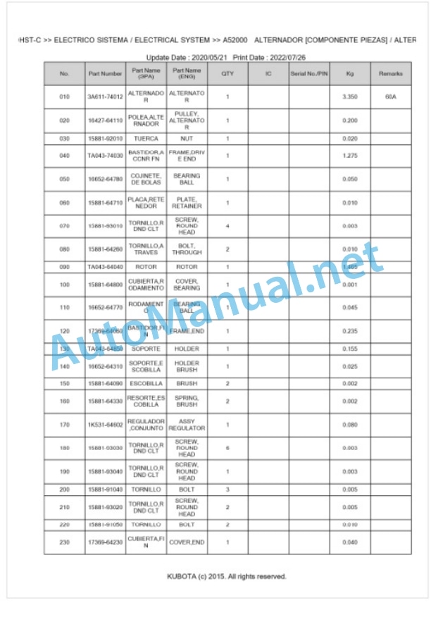 Kubota L4240HST-C Parts Manual PDF BKIDK0648-2