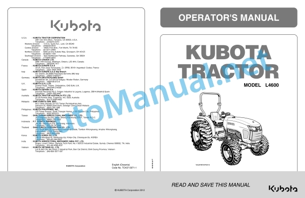 Kubota L4600 Tractor Operators Manual PDF