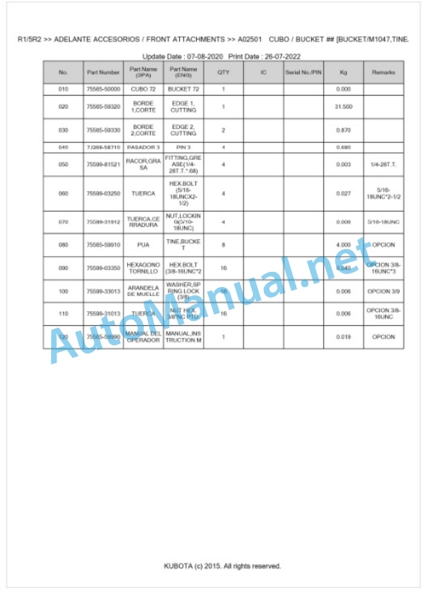 Kubota LA1002-57R, LA1002-5R1, LA1002-5R2 Parts Manual PDF BKIDK5030 2 Kubota LA1002-57R, LA1002-5R1, LA1002-5R2 Parts Manual PDF BKIDK5030-2