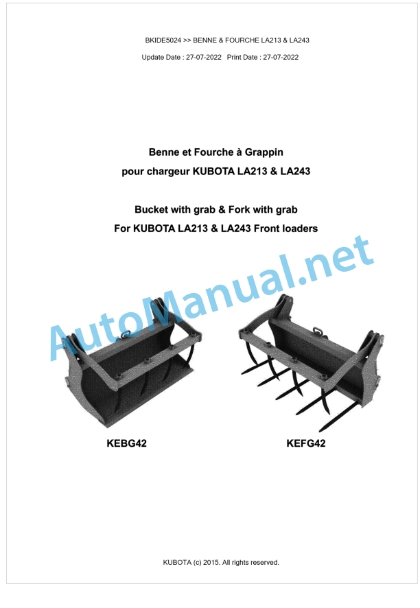 Kubota LA213 & LA243 BENNE & FOURCHE Parts Manual PDF BKIDE5024 1 Kubota LA213 & LA243 BENNE & FOURCHE Parts Manual PDF BKIDE5024