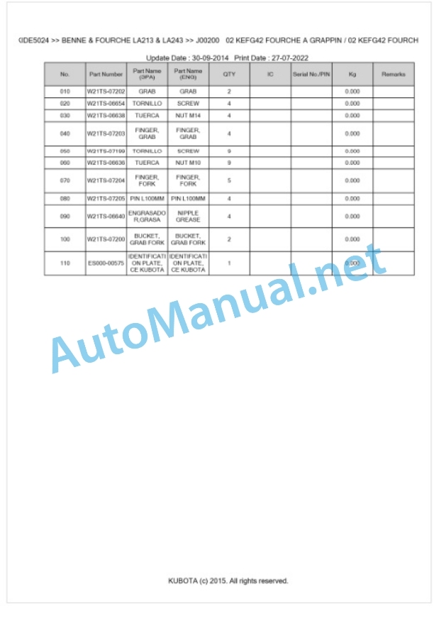 Kubota LA213 & LA243 BENNE & FOURCHE Parts Manual PDF BKIDE5024 4 Kubota LA213 & LA243 BENNE & FOURCHE Parts Manual PDF BKIDE5024-4