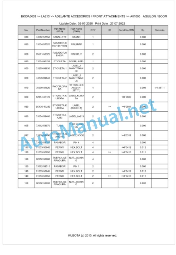 Kubota LA213 Parts Manual PDF BKIDA5003 2 Kubota LA213 Parts Manual PDF BKIDA5003-2