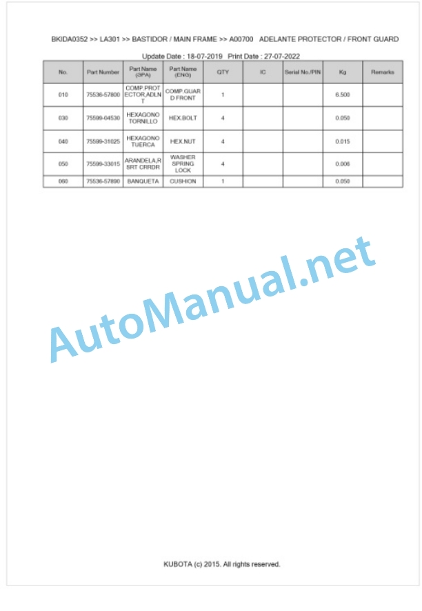 Kubota LA301 Parts Manual PDF BKIDA0352 2 Kubota LA301 Parts Manual PDF BKIDA0352-2