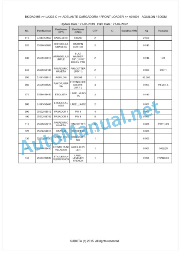 Kubota LA302-C Parts Manual PDF BKIDA0195 2 Kubota LA302-C Parts Manual PDF BKIDA0195-2