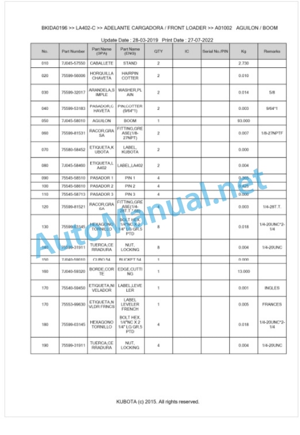 Kubota LA402-C Parts Manual PDF BKIDA0196 2 Kubota LA402-C Parts Manual PDF BKIDA0196-2