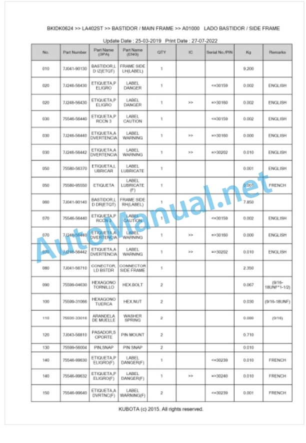 Kubota LA402ST Parts Manual PDF BKIDK0624 2 Kubota LA402ST Parts Manual PDF BKIDK0624-2