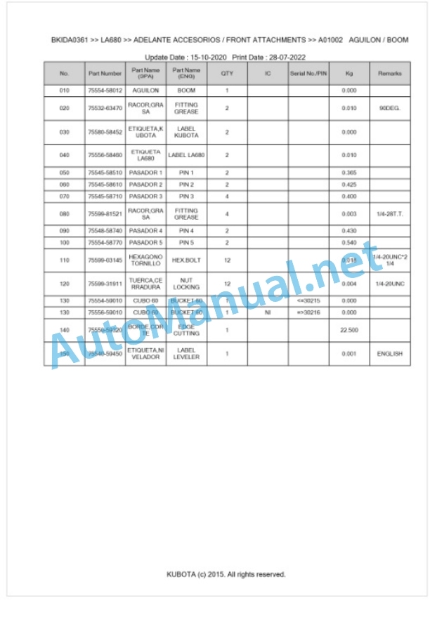 Kubota LA680 Parts Manual PDF BKIDA0361 2 Kubota LA680 Parts Manual PDF BKIDA0361-2