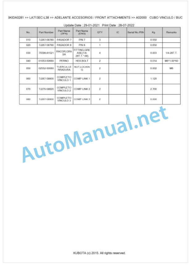 Kubota LA713EC-L38 Parts Manual PDF BKIDA0281 2 Kubota LA713EC-L38 Parts Manual PDF BKIDA0281-2
