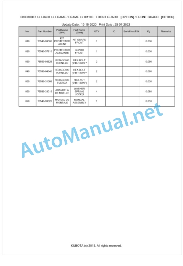 Kubota LB400 Parts Manual PDF BKIDA0087 2 Kubota LB400 Parts Manual PDF BKIDA0087-2