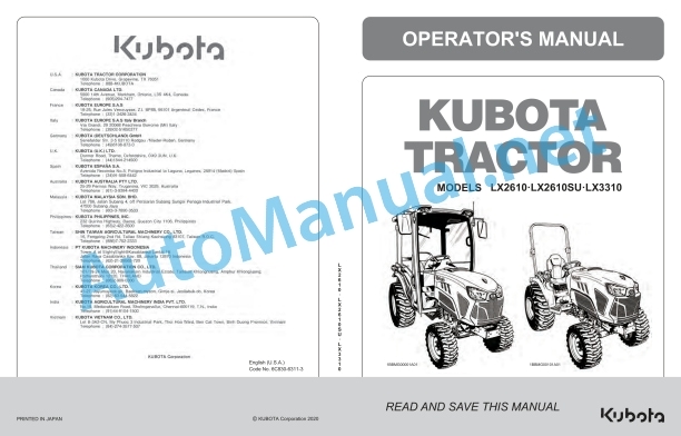 Kubota LX2610, LX2610SU, LX3310 Tractor Operators Manual PDF
