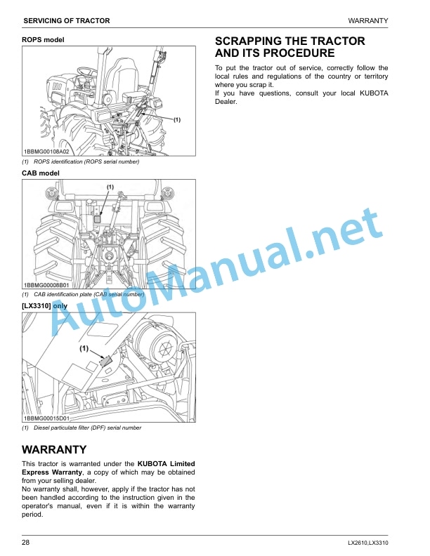 Alternative view of Kubota LX2610, LX2610SU, LX3310 Tractor Operators Manual PDF