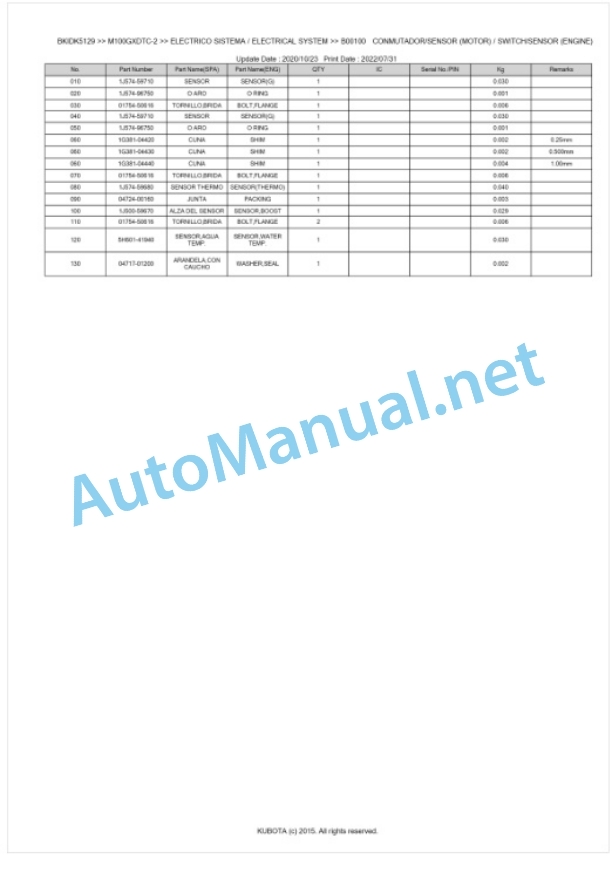 Kubota M100GX-2, M110GX-2 Parts Manual PDF BKIDK5129-2