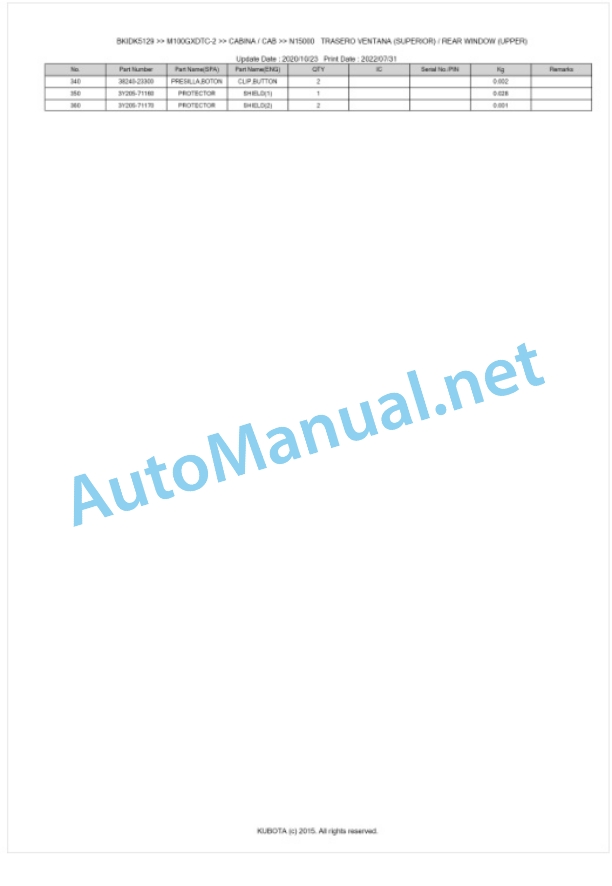 Kubota M100GX-2, M110GX-2 Parts Manual PDF BKIDK5129-5