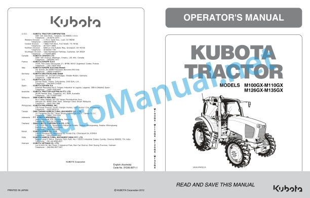 Kubota M100GX, M110GX, M126GX, M135GX Tractor Operators Manual PDF