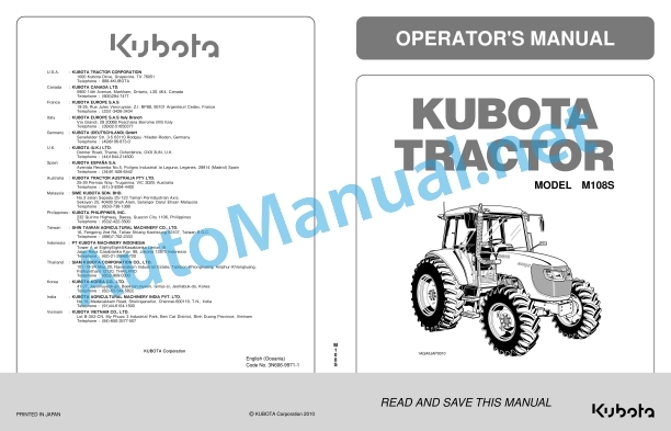 Kubota M108S Tractor Operators Manual PDF