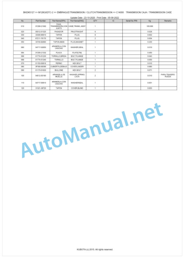 Kubota M128GX-2, M135GX-2 Parts Manual PDF BKIDK5127 3 Kubota M128GX-2, M135GX-2 Parts Manual PDF BKIDK5127-3