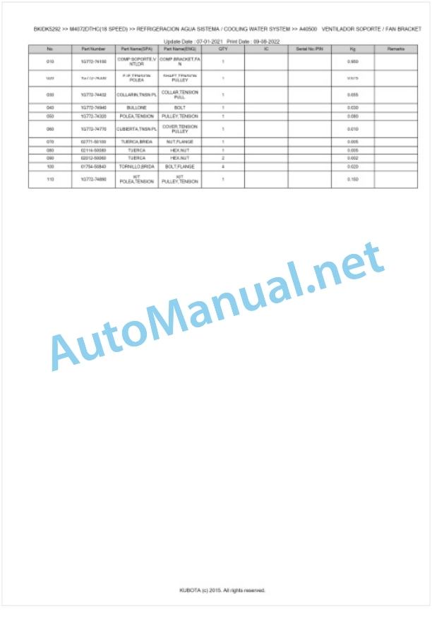 Kubota M4062, M4072 Parts Manual PDF BKIDK5292 2 Kubota M4062, M4072 Parts Manual PDF BKIDK5292-2