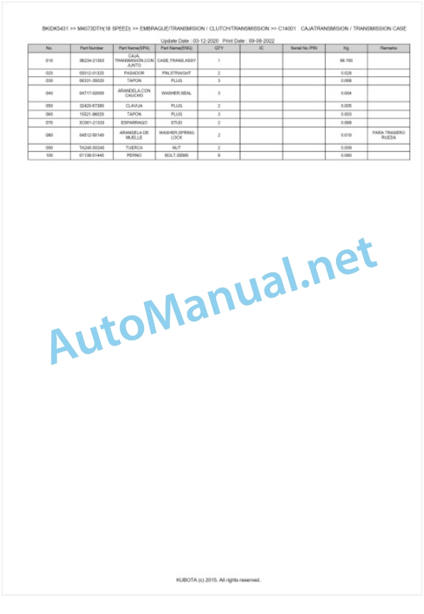 Kubota M4063, M4073 Parts Manual PDF BKIDK5431 3 Kubota M4063, M4073 Parts Manual PDF BKIDK5431-3