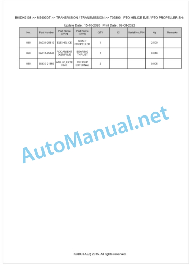 Kubota M4700DT, M5400DT Parts Manual PDF BKIDK0108 3 Kubota M4700DT, M5400DT Parts Manual PDF BKIDK0108-3