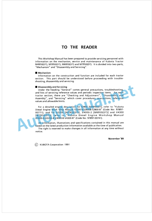 Kubota M4950, M5950, M6950, M7950 Workshop Manual PDF