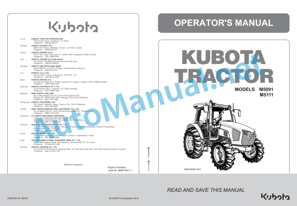 Kubota M5091, M5111 Tractor Operators Manual PDF