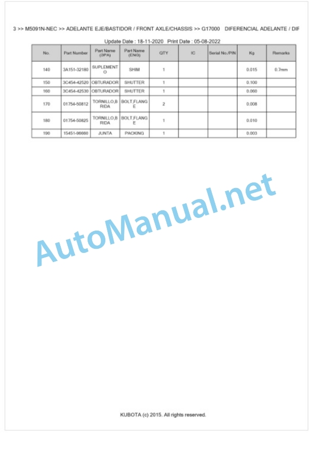 Kubota M5091N, M5101N Parts Manual PDF BKIDK5203-4