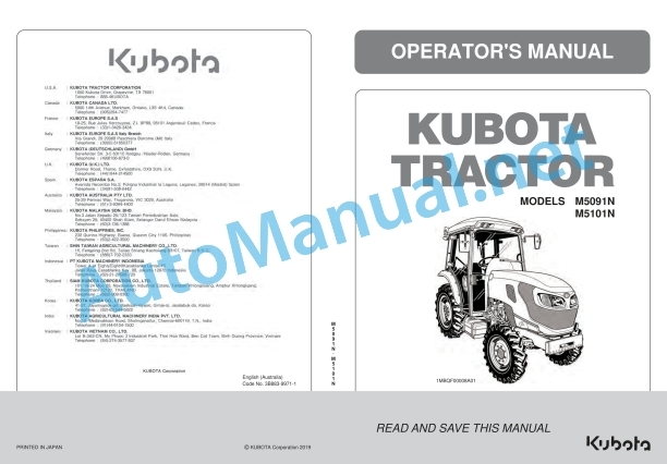 Kubota M5091N, M5101N Tractor Operators Manual PDF