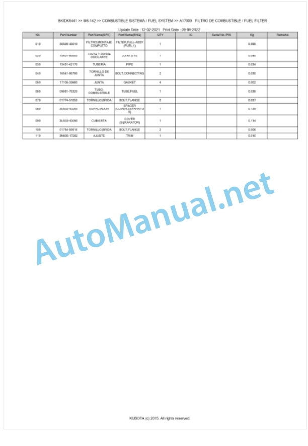Kubota M6-122, M6-132, M6-142 Parts Manual PDF BKIDK5441 2 Kubota M6-122, M6-132, M6-142 Parts Manual PDF BKIDK5441-2