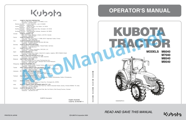Kubota M6040, M7040, M8540, M9540 Tractor Operators Manual PDF