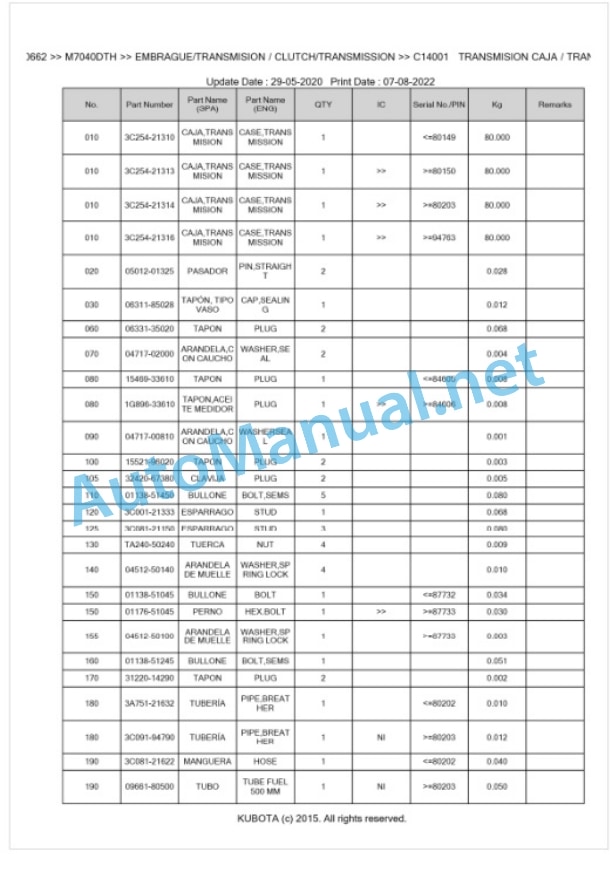 Kubota M6040, M7040 Parts Manual PDF BKIDK0662 3 Kubota M6040, M7040 Parts Manual PDF BKIDK0662-3