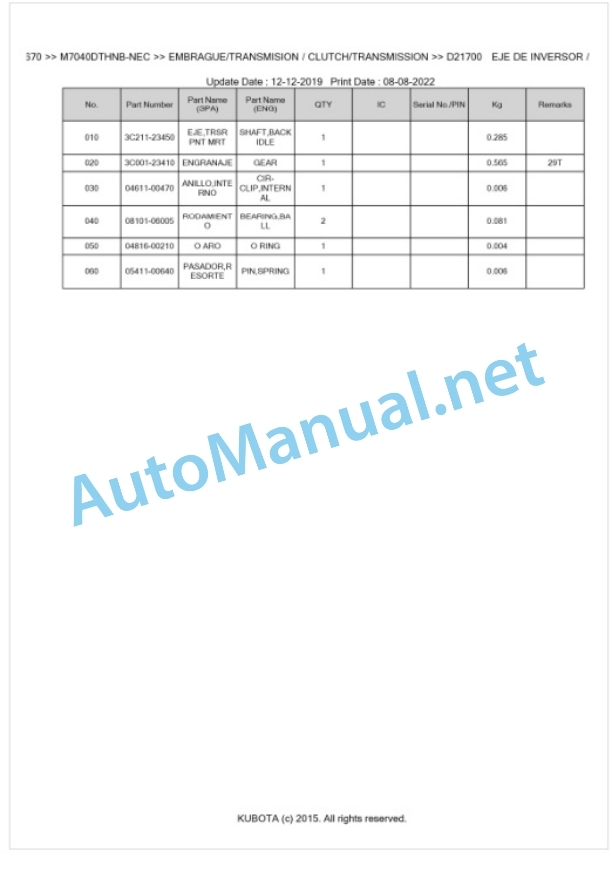 Kubota M6040DTHNB, M7040DTHNB Parts Manual PDF BKIDK0670 3 Kubota M6040DTHNB, M7040DTHNB Parts Manual PDF BKIDK0670-3