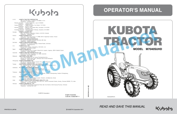 Kubota M7040SUHD Tractor Operators Manual PDF
