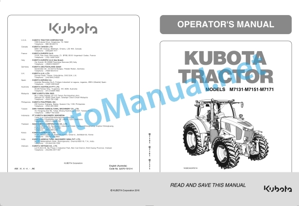 Kubota M7131, M7151, M7171 Tractor Operators Manual PDF