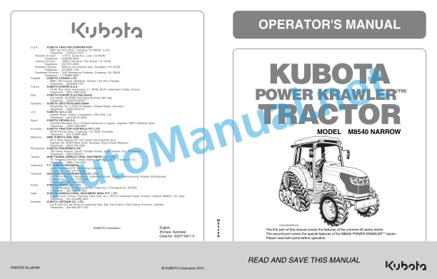 Kubota M8540 Narrow Power Krawler Tractor Operators Manual PDF